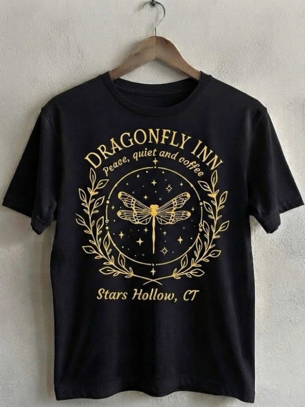 Dragonfly Inn Graphic Tee in Black and Gold